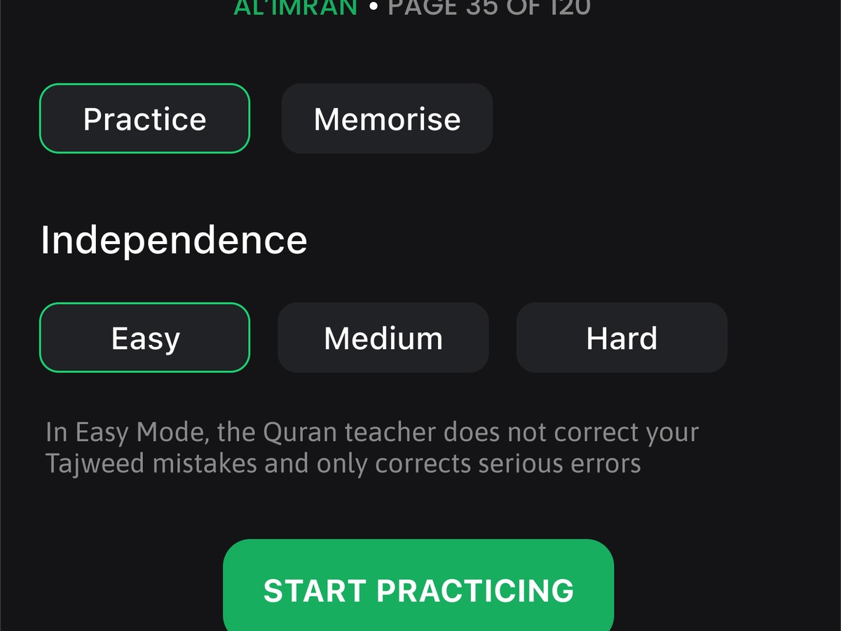 Hafiz practice settings with Practice, Memorise, and difficulty options